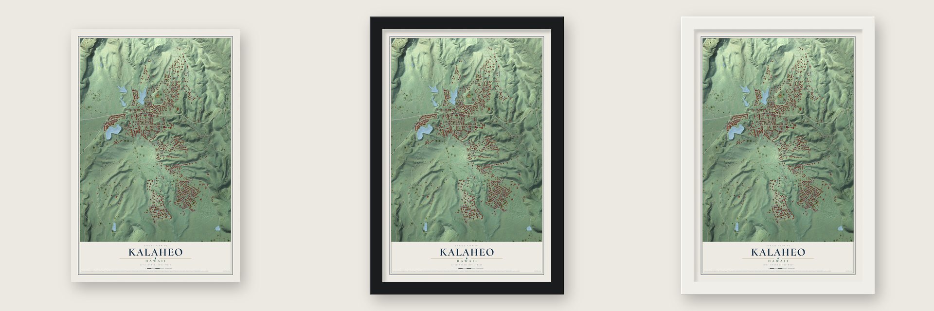 Kalaheo, Hawaii map unframed, in a black wood frame and in a white wood frame