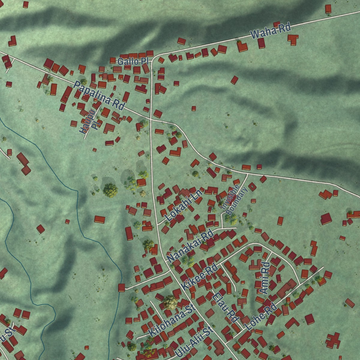 Second close-up of the map of Kalaheo, Hawaii print showing more streets and buildings