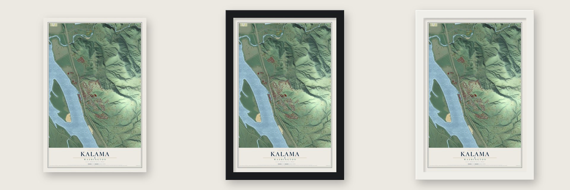 Kalama, Washington map unframed, in a black wood frame and in a white wood frame