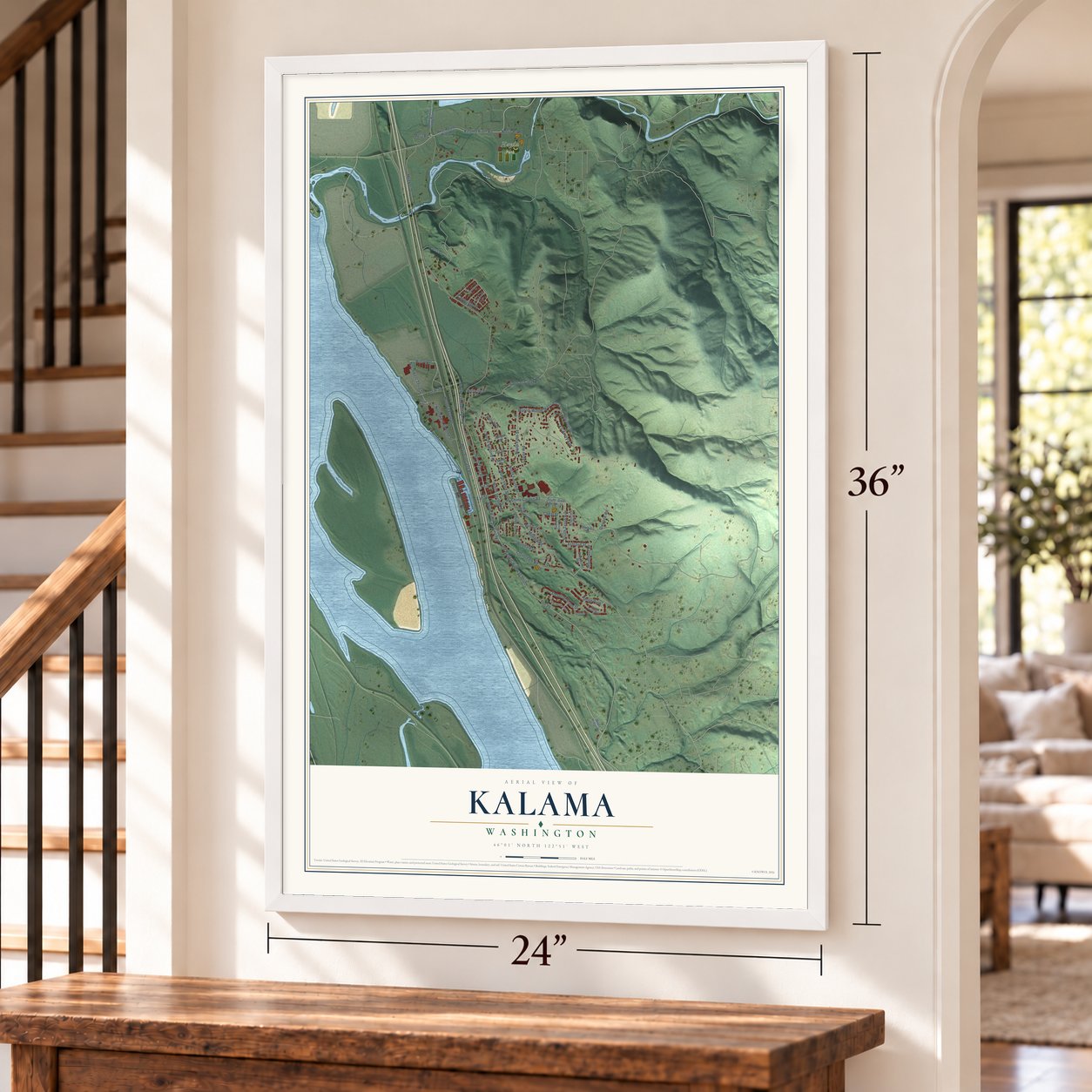 Kalama, Washington map, 24 x 36 inch print in a white frame by a staircase