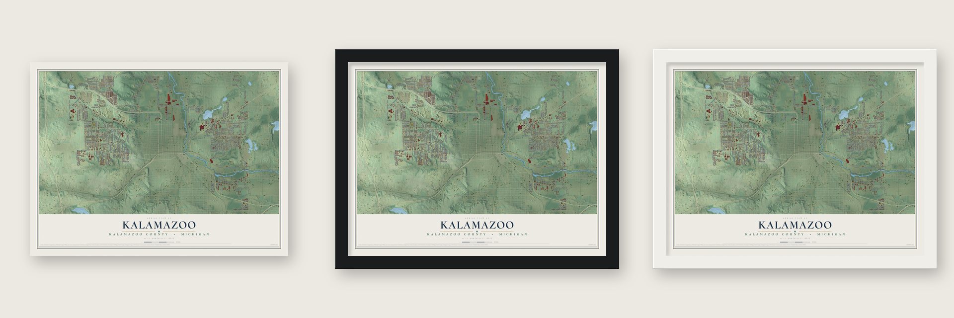 Kalamazoo, Kalamazoo County, Michigan map unframed, in a black wood frame and in a white wood frame
