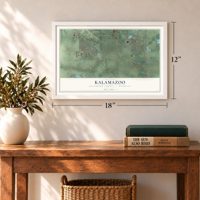 Kalamazoo, Kalamazoo County, Michigan map, 12 x 18 inch print in a white frame in an entryway