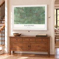 Kalamazoo, Kalamazoo County, Michigan map, 24 x 36 inch print in a white frame above a dresser by a staircase