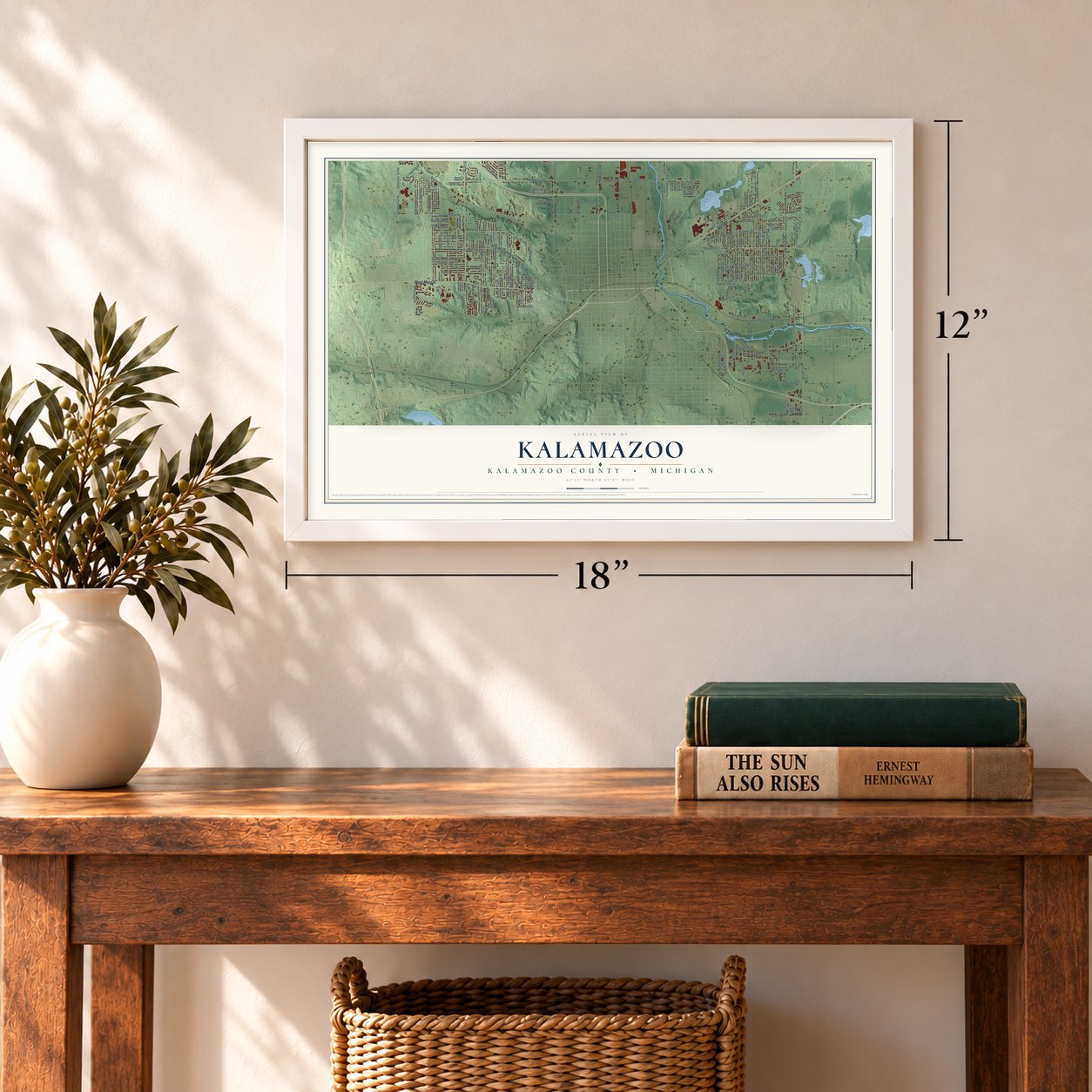 Kalamazoo, Kalamazoo County, Michigan map, 12 x 18 inch print in a white frame in an entryway