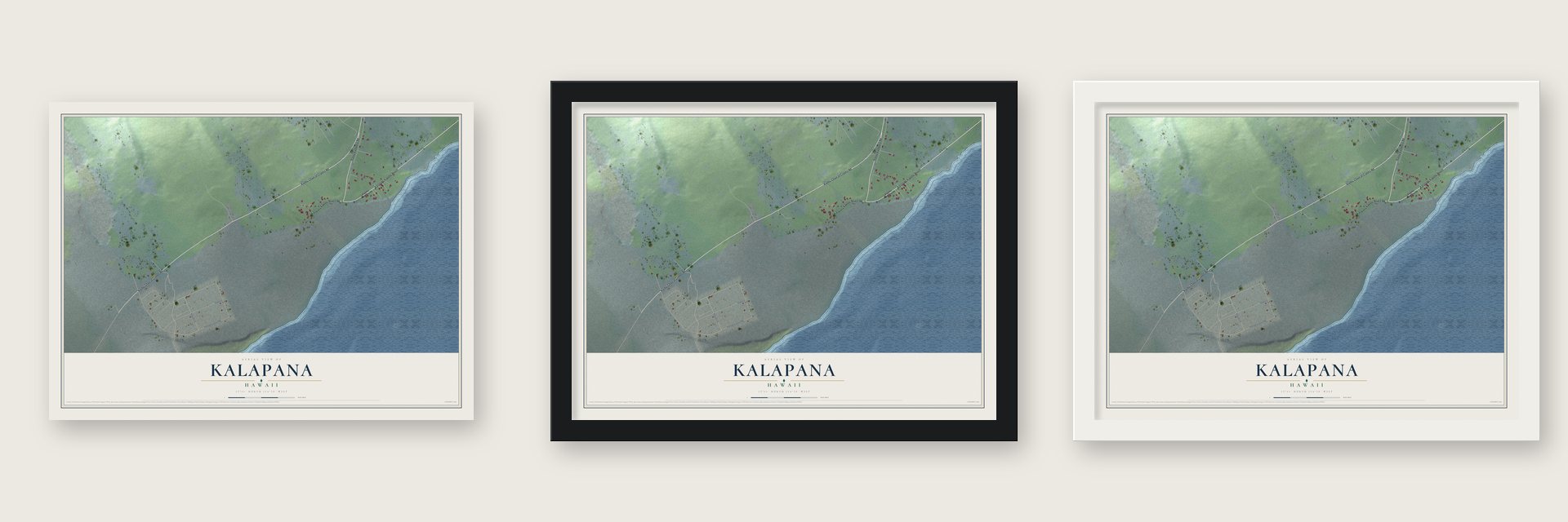 Kalapana, Hawaii map unframed, in a black wood frame and in a white wood frame