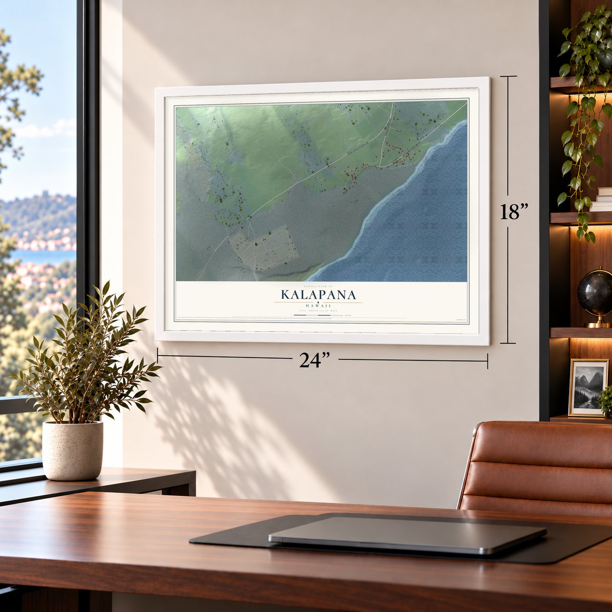 Kalapana, Hawaii map, 18 x 24 inch print in a white frame in a home office