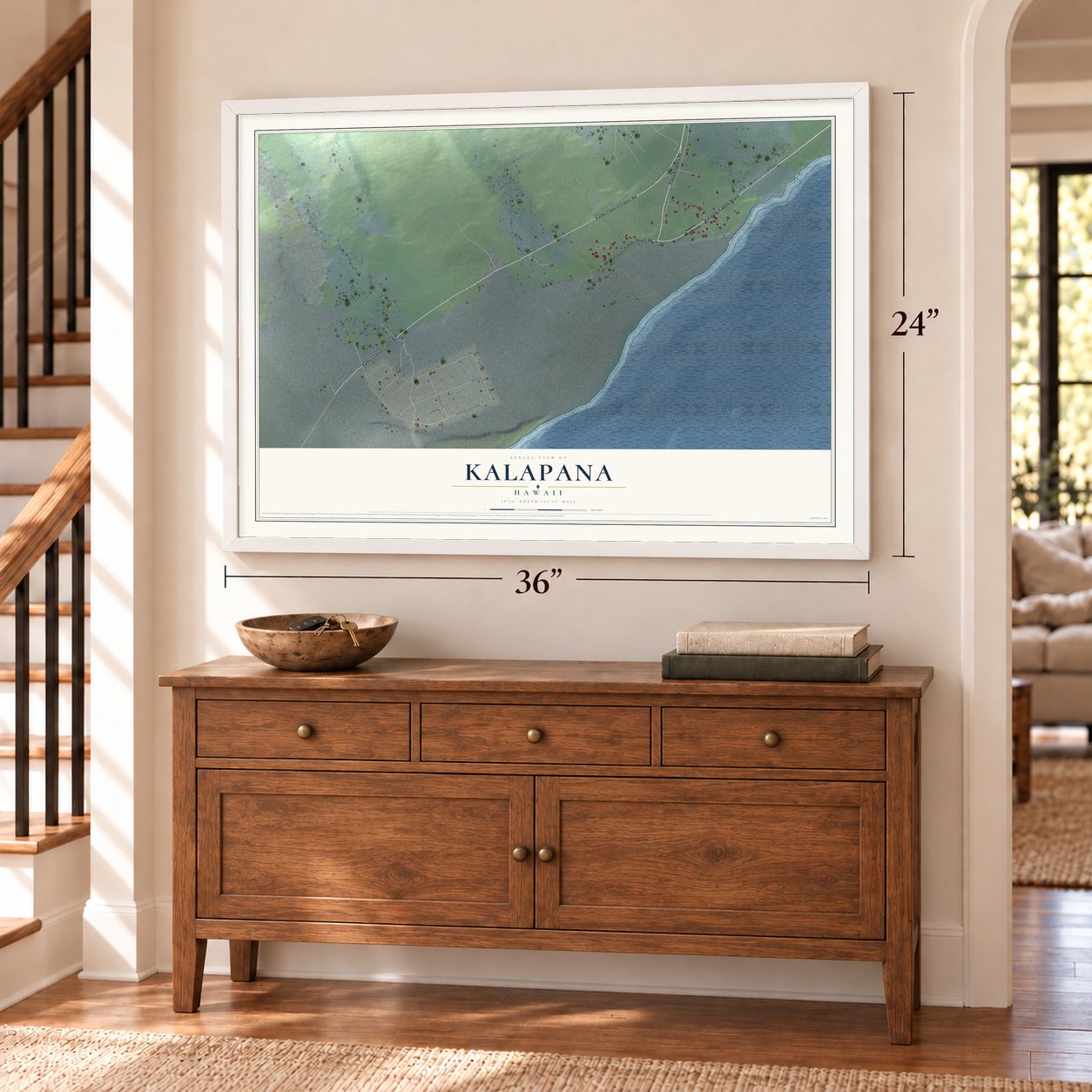 Kalapana, Hawaii map, 24 x 36 inch print in a white frame above a dresser by a staircase