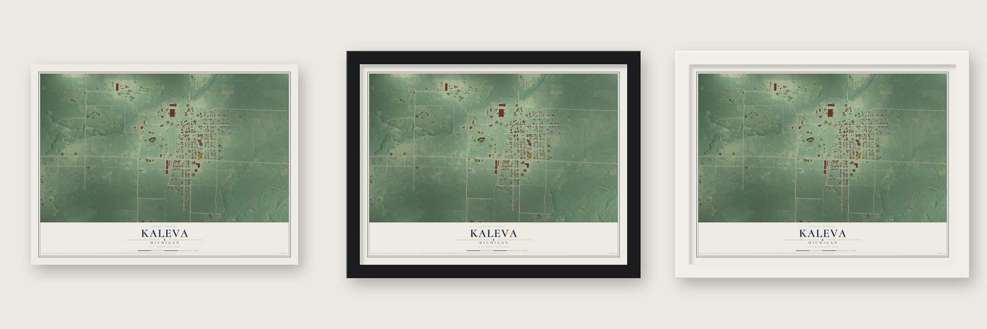Kaleva, Michigan map unframed, in a black wood frame and in a white wood frame