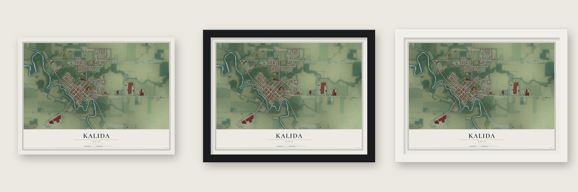 Kalida, Ohio map unframed, in a black wood frame and in a white wood frame