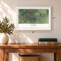 Kalida, Ohio map, 12 x 18 inch print in a white frame in an entryway
