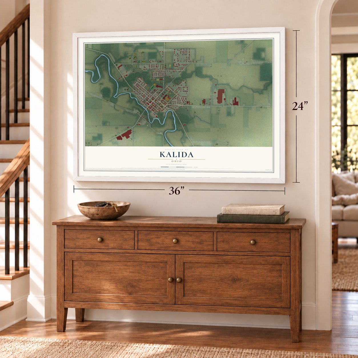 Kalida, Ohio map, 24 x 36 inch print in a white frame above a dresser by a staircase