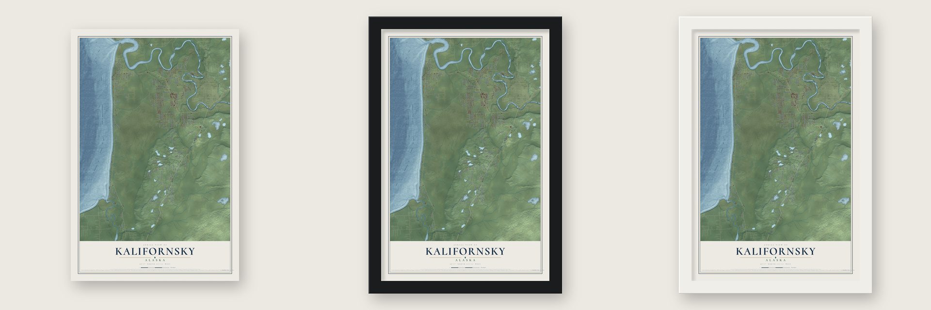 Kalifornsky, Alaska map unframed, in a black wood frame and in a white wood frame