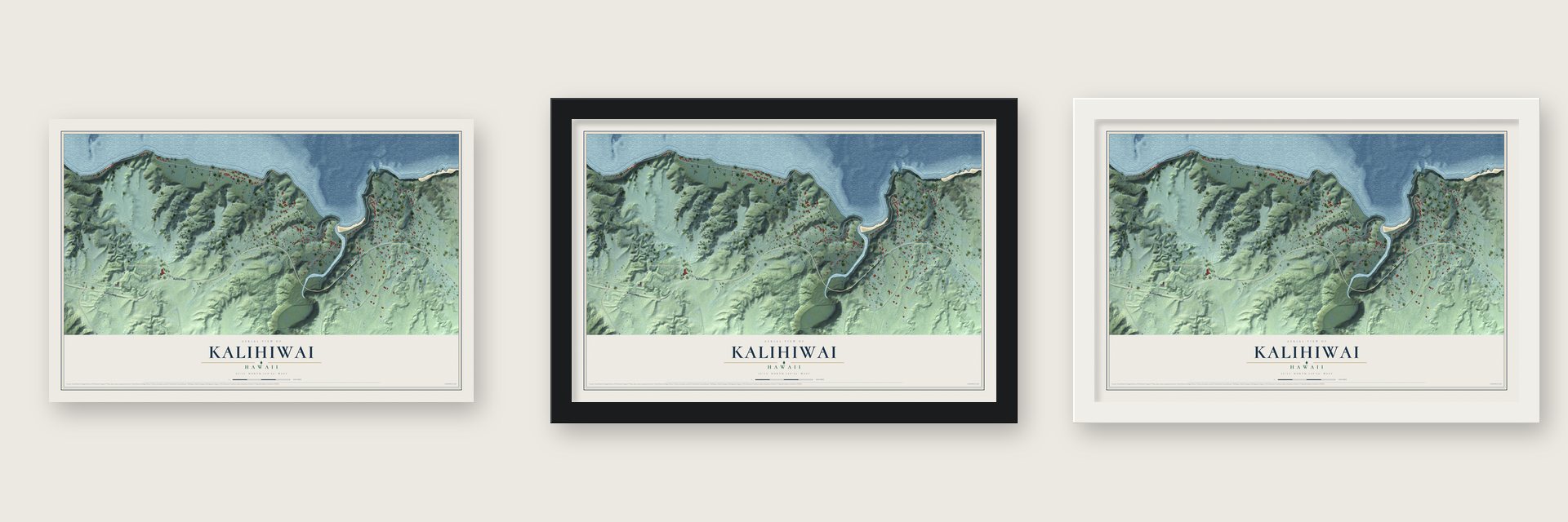 Kalihiwai, Hawaii map unframed, in a black wood frame and in a white wood frame