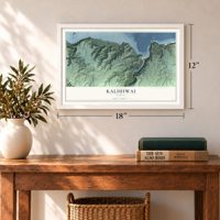 Kalihiwai, Hawaii map, 12 x 18 inch print in a white frame in an entryway