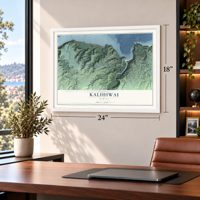 Kalihiwai, Hawaii map, 18 x 24 inch print in a white frame in a home office