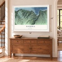 Kalihiwai, Hawaii map, 24 x 36 inch print in a white frame above a dresser by a staircase