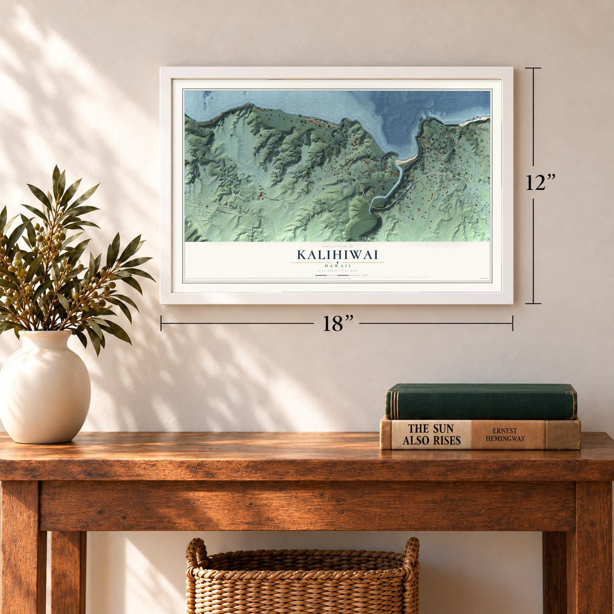 Kalihiwai, Hawaii map, 12 x 18 inch print in a white frame in an entryway