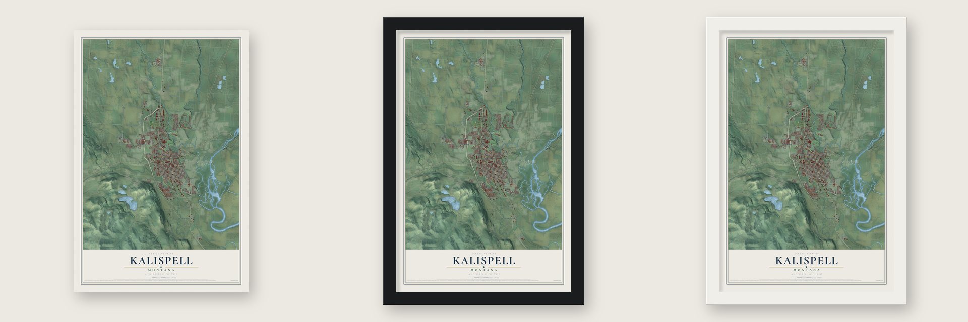 Kalispell, Montana map unframed, in a black wood frame and in a white wood frame
