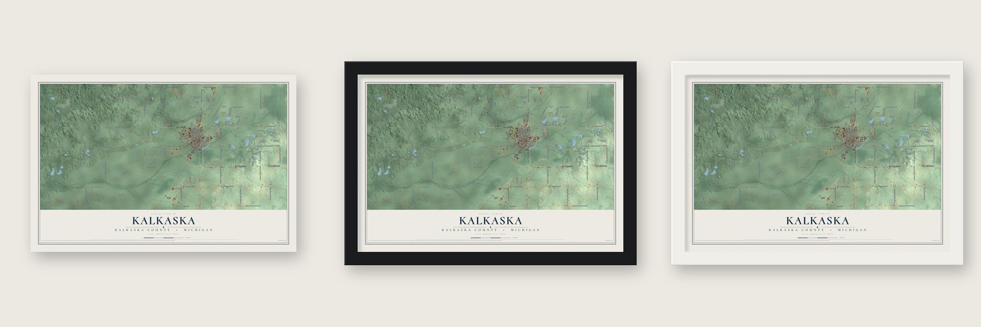 Kalkaska, Kalkaska County, Michigan map unframed, in a black wood frame and in a white wood frame