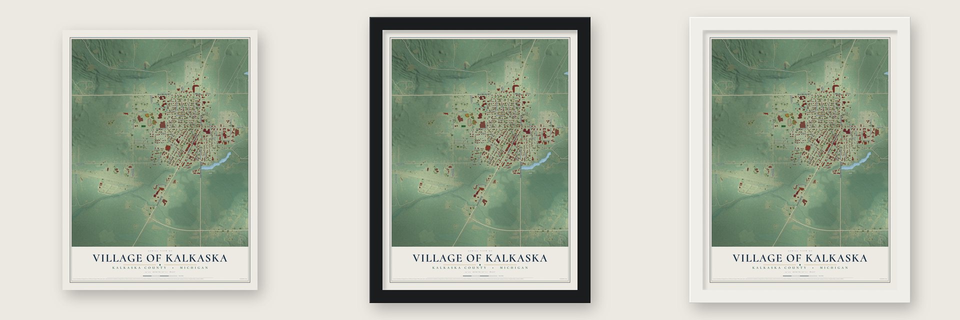 Kalkaska, Michigan map unframed, in a black wood frame and in a white wood frame