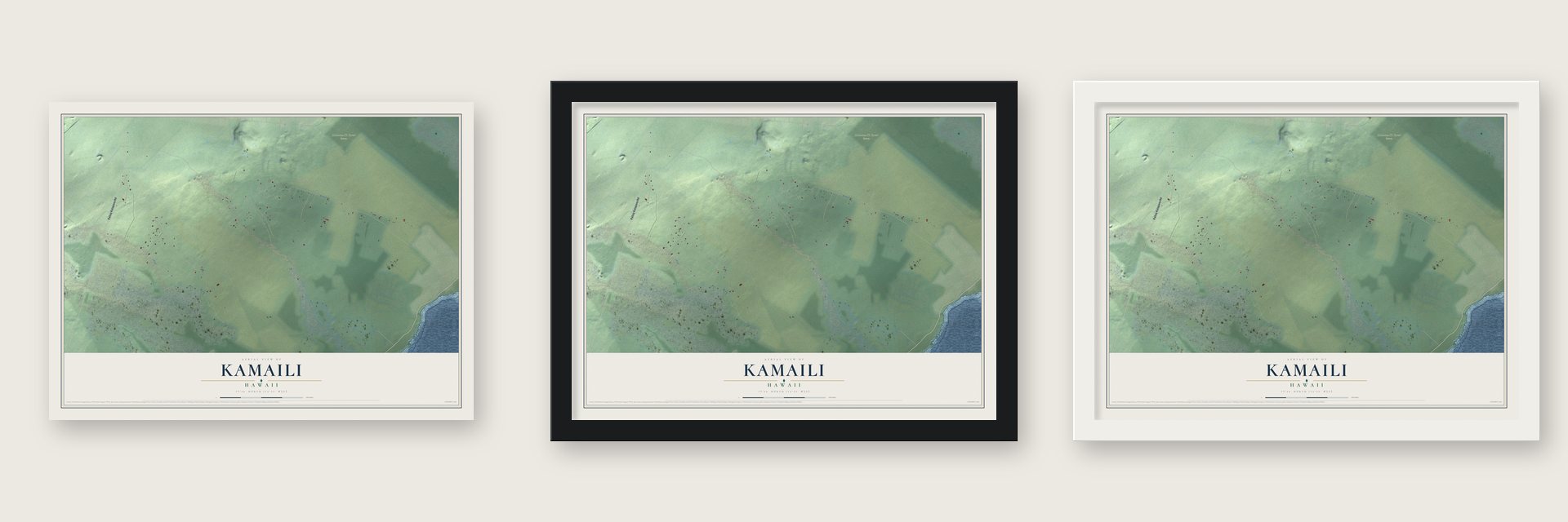 Kamaili, Hawaii map unframed, in a black wood frame and in a white wood frame