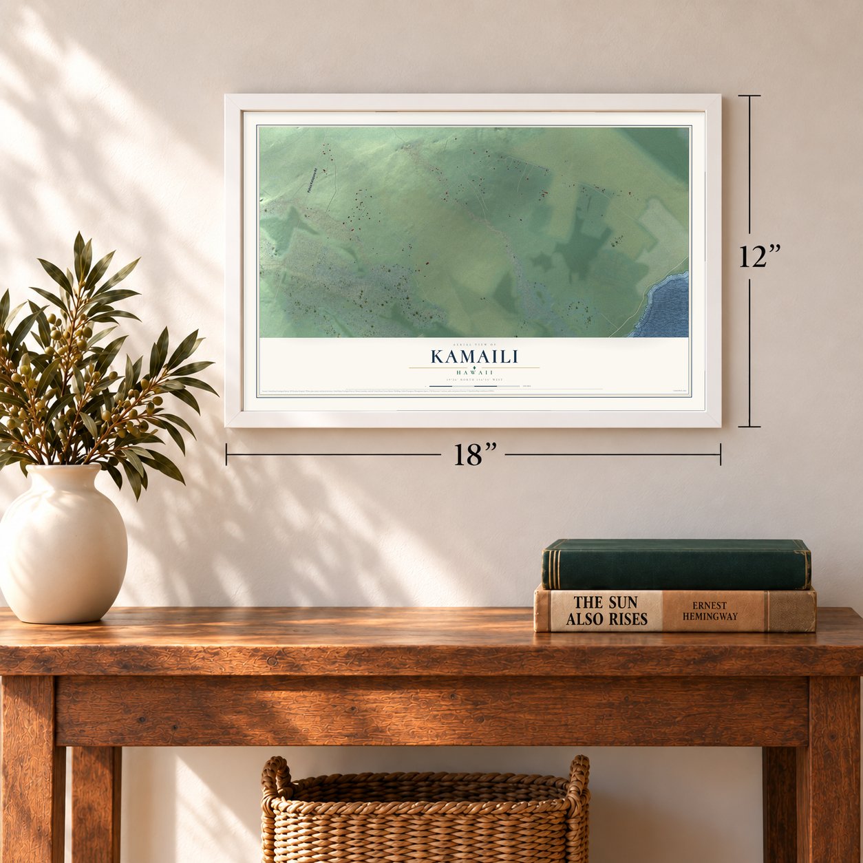 Kamaili, Hawaii map, 12 x 18 inch print in a white frame in an entryway