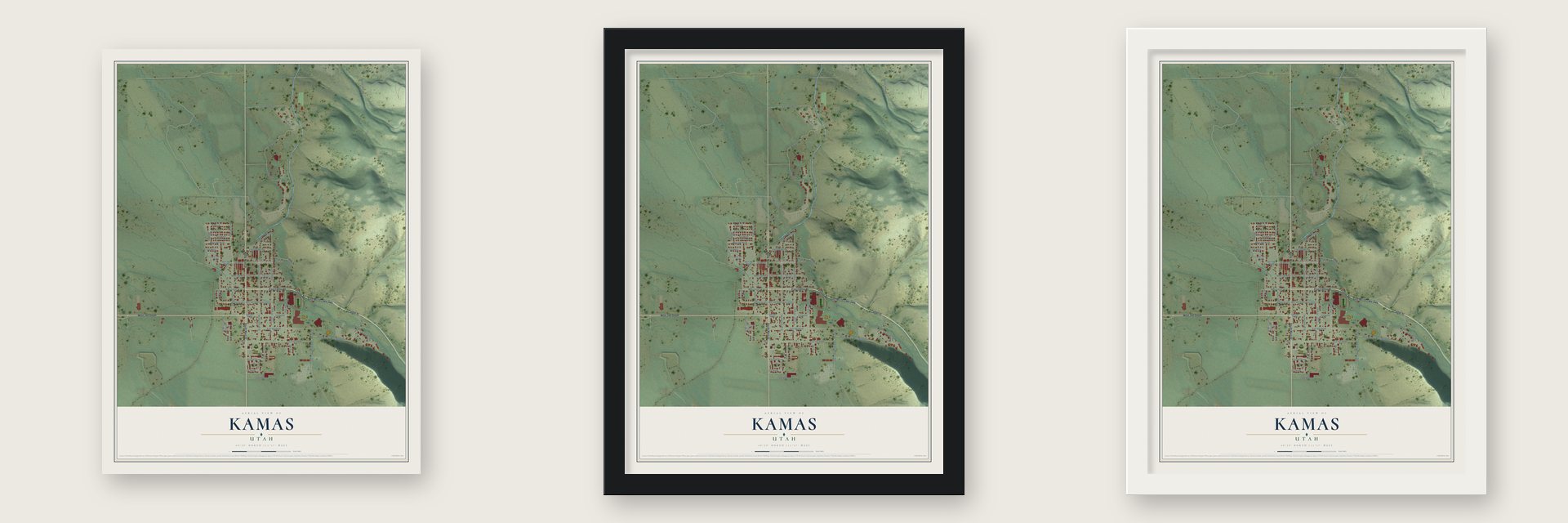 Kamas, Utah map unframed, in a black wood frame and in a white wood frame