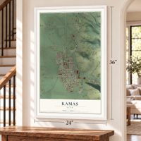 Kamas, Utah map, 24 x 36 inch print in a white frame by a staircase