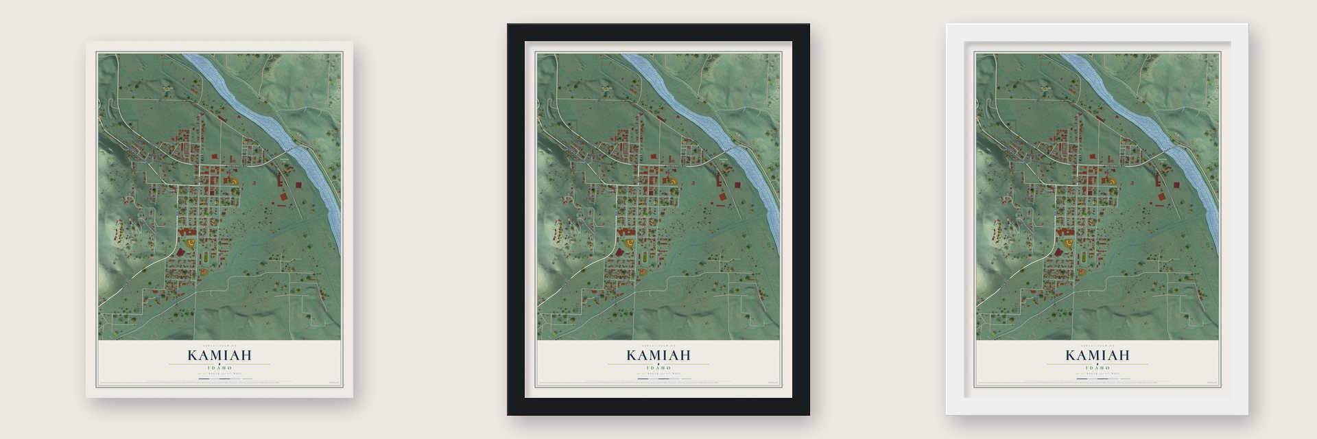 Kamiah, Idaho map unframed, in a black wood frame and in a white wood frame