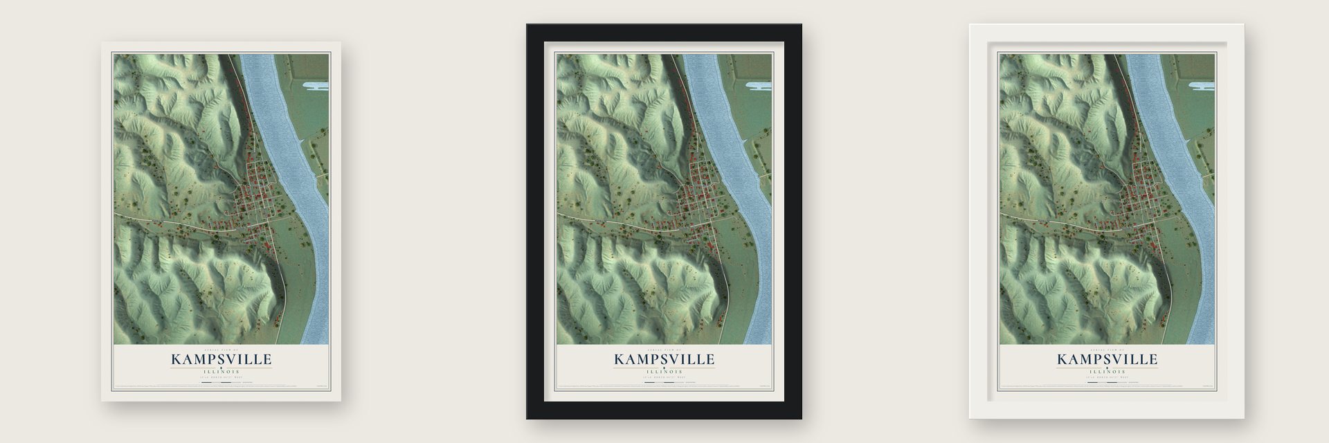 Kampsville, Illinois map unframed, in a black wood frame and in a white wood frame