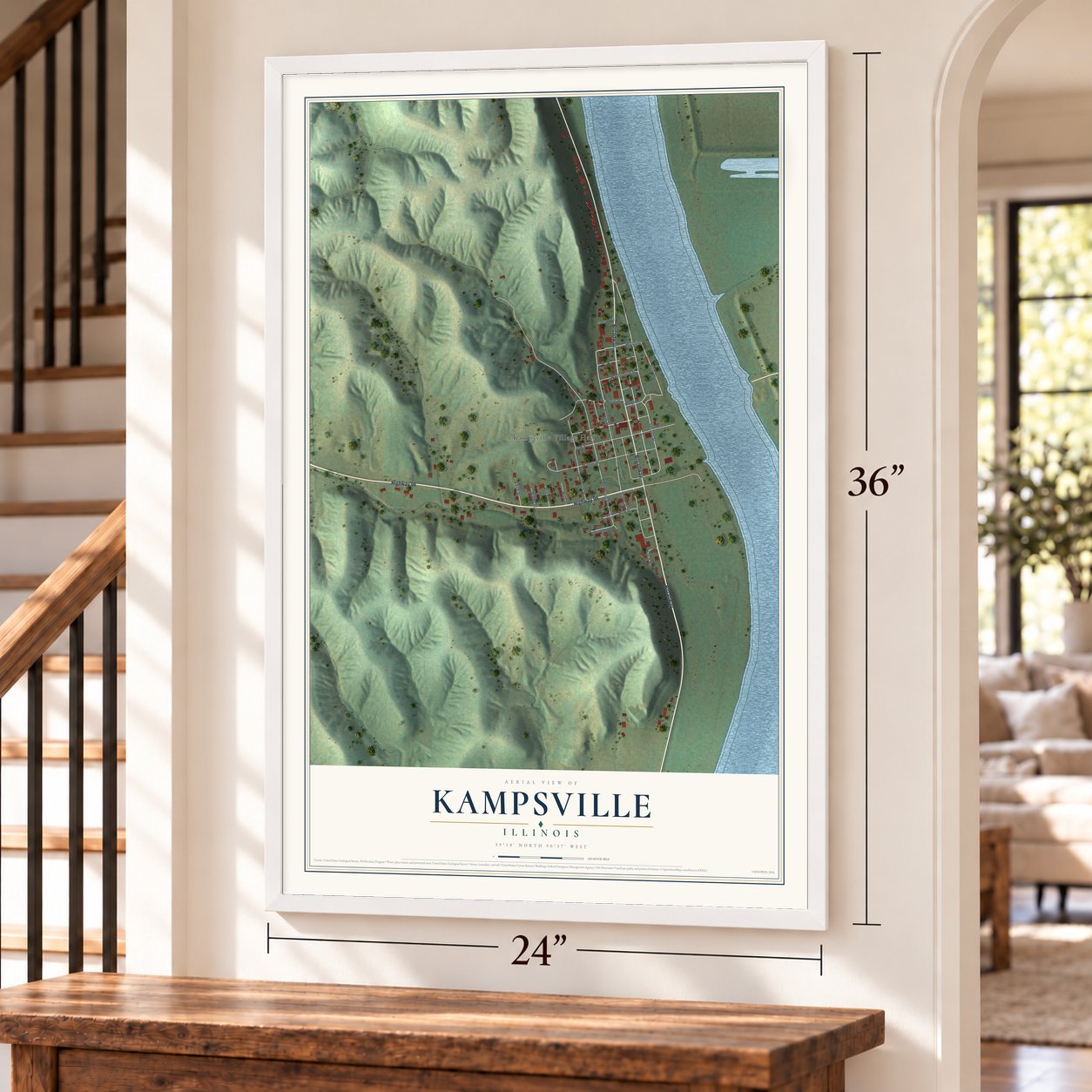 Kampsville, Illinois map, 24 x 36 inch print in a white frame by a staircase