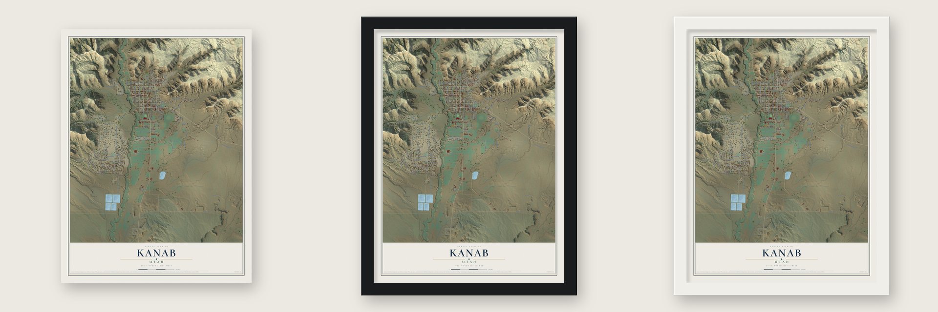 Kanab, Utah map unframed, in a black wood frame and in a white wood frame