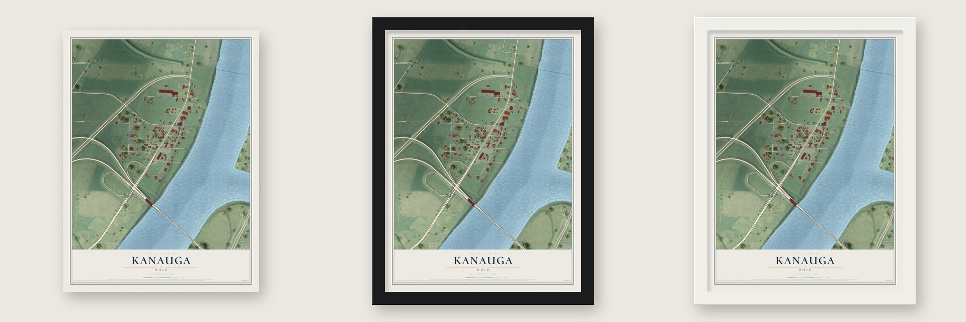 Kanauga, Ohio map unframed, in a black wood frame and in a white wood frame
