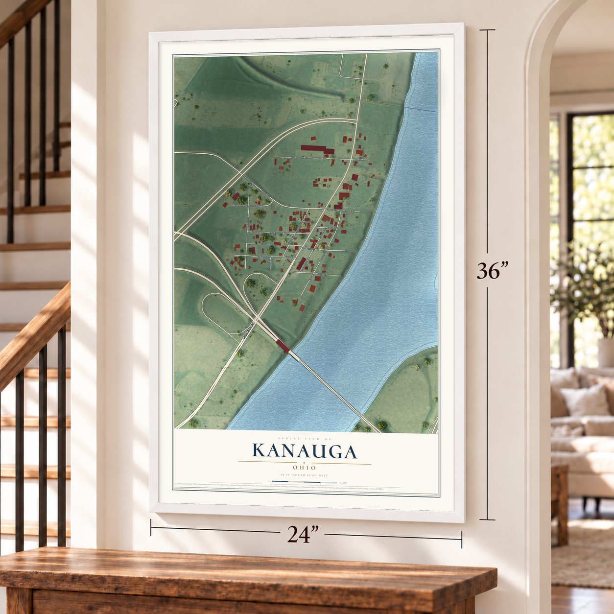 Kanauga, Ohio map, 24 x 36 inch print in a white frame by a staircase