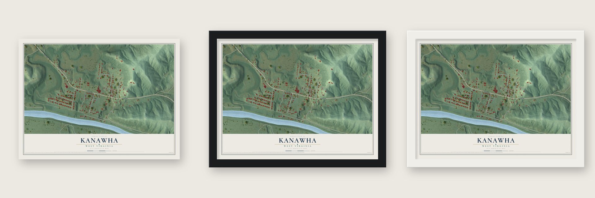 Kanawha, West Virginia map unframed, in a black wood frame and in a white wood frame