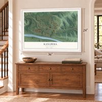 Kanawha, West Virginia map, 24 x 36 inch print in a white frame above a dresser by a staircase