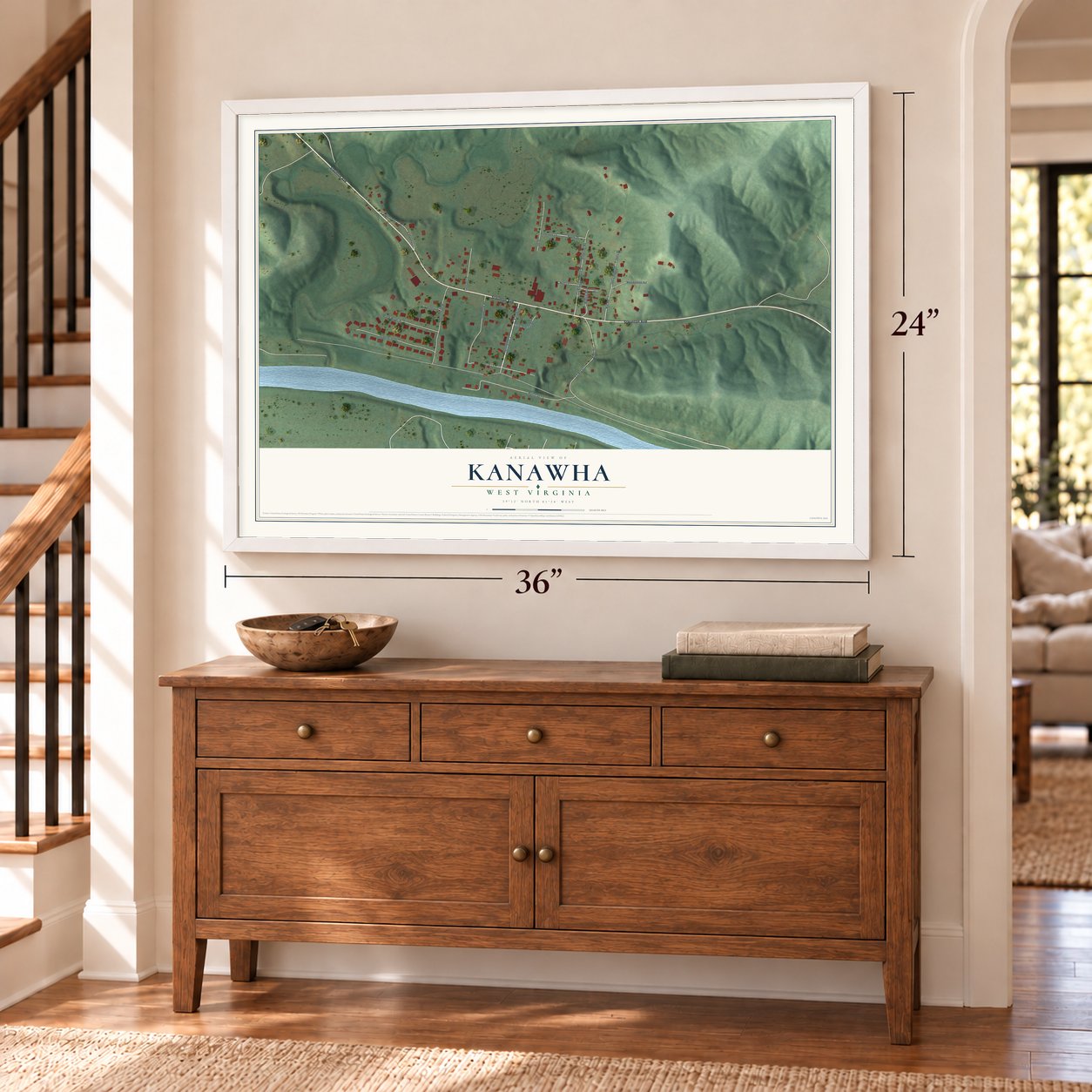 Kanawha, West Virginia map, 24 x 36 inch print in a white frame above a dresser by a staircase