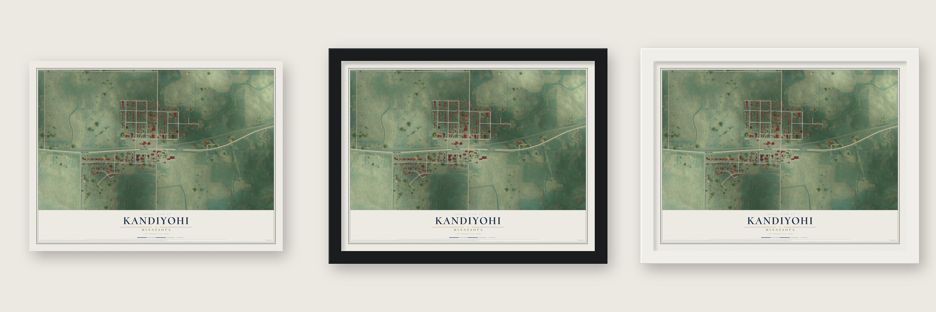 Kandiyohi, Minnesota map unframed, in a black wood frame and in a white wood frame