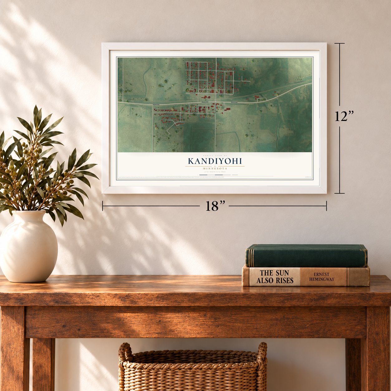 Kandiyohi, Minnesota map, 12 x 18 inch print in a white frame in an entryway