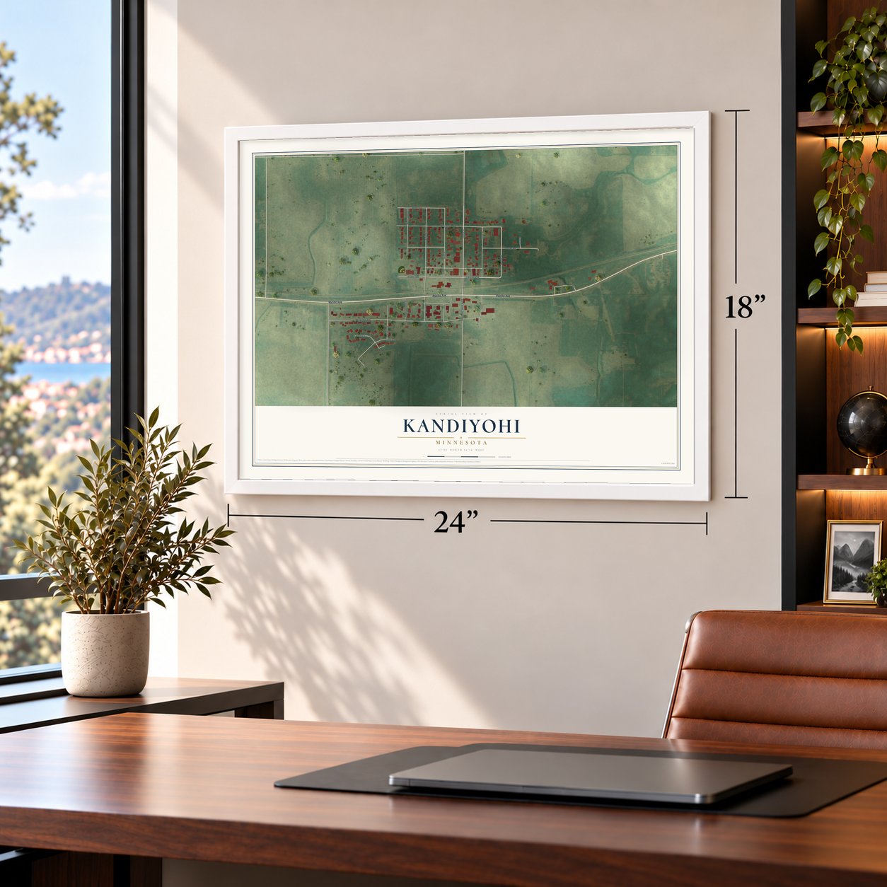 Kandiyohi, Minnesota map, 18 x 24 inch print in a white frame in a home office