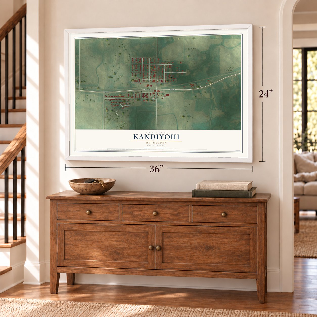 Kandiyohi, Minnesota map, 24 x 36 inch print in a white frame above a dresser by a staircase