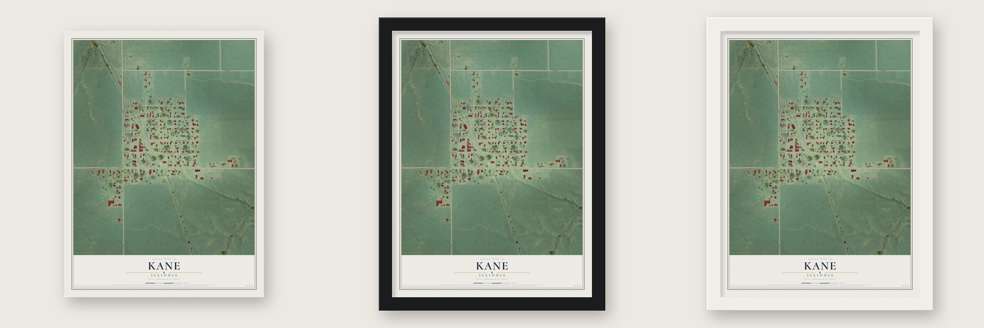 Kane, Illinois map unframed, in a black wood frame and in a white wood frame