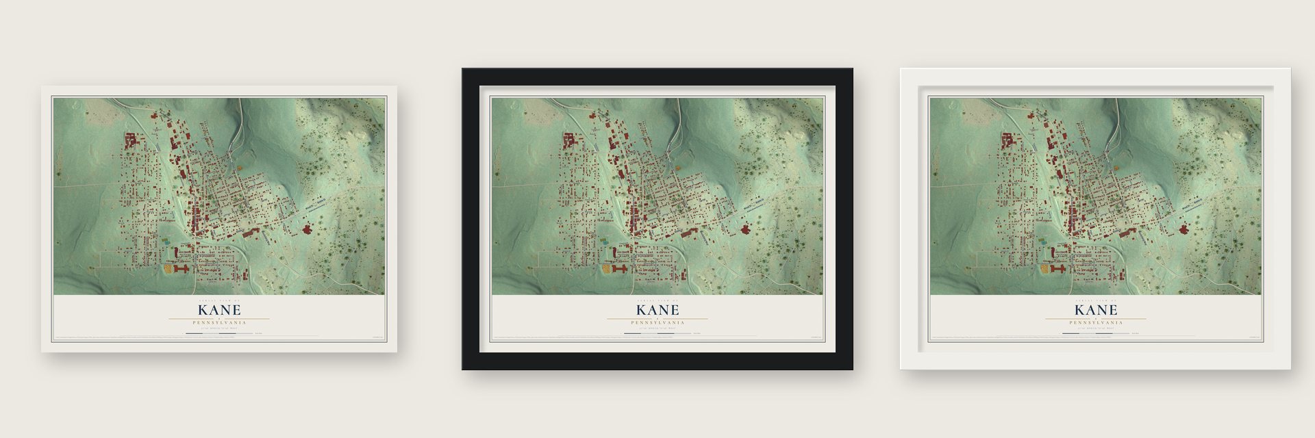 Kane, Pennsylvania map unframed, in a black wood frame and in a white wood frame
