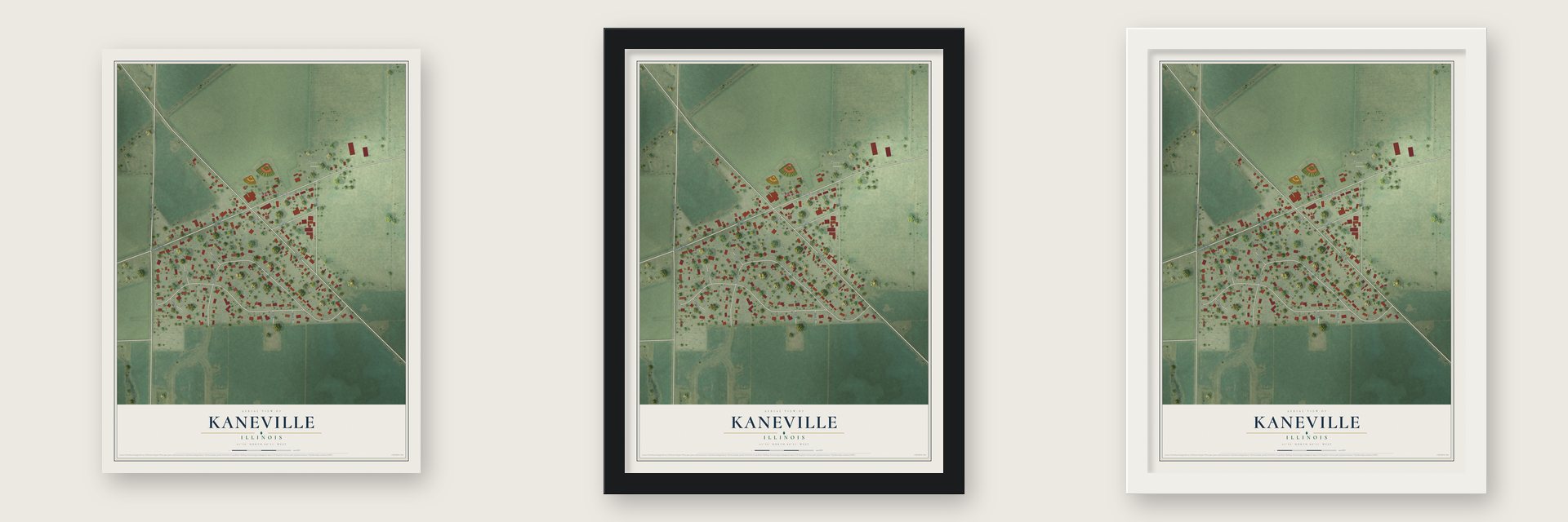 Kaneville, Illinois map unframed, in a black wood frame and in a white wood frame