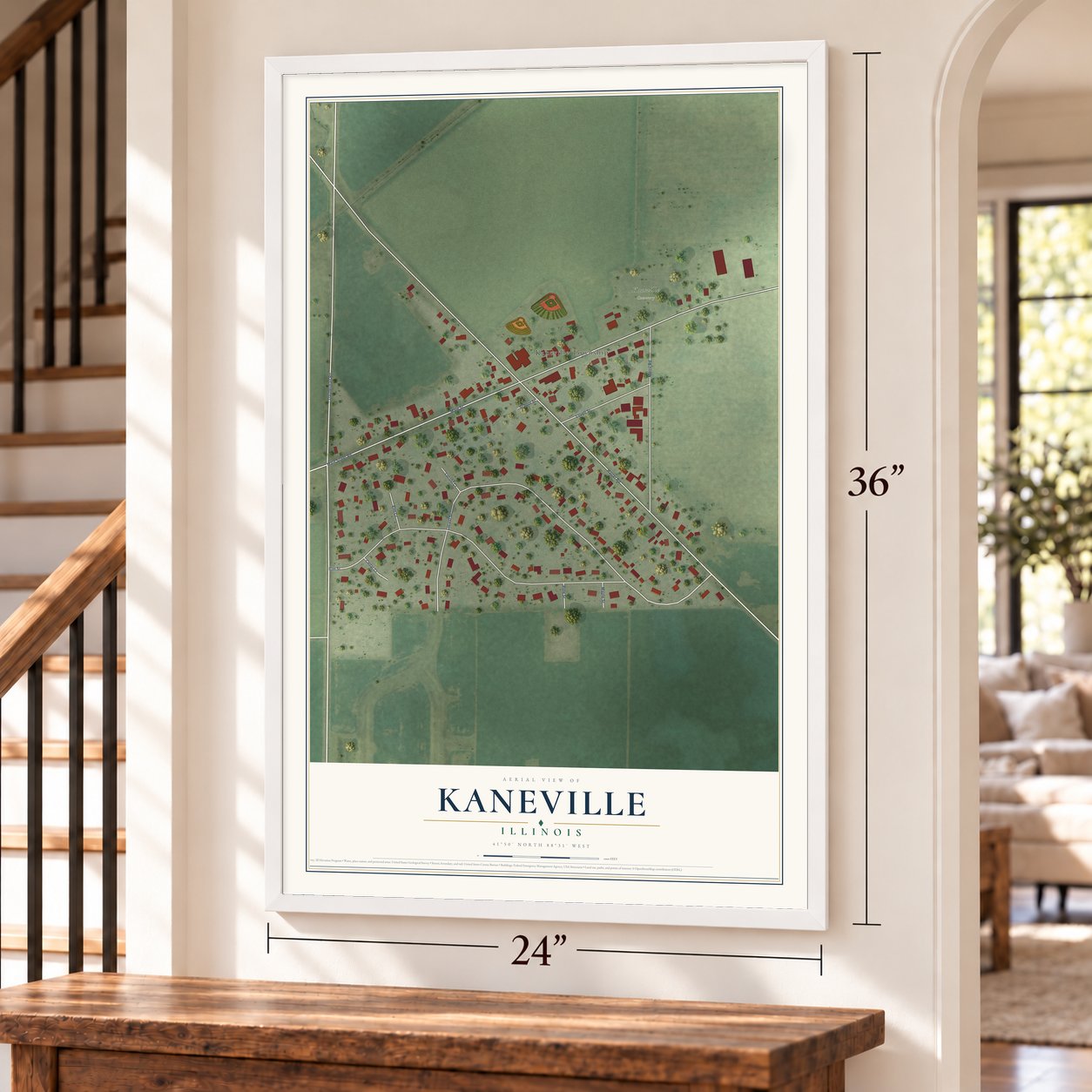 Kaneville, Illinois map, 24 x 36 inch print in a white frame by a staircase