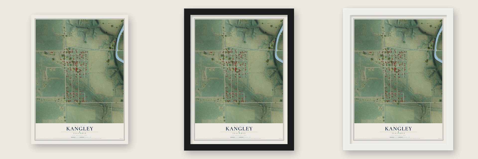 Kangley, Illinois map unframed, in a black wood frame and in a white wood frame
