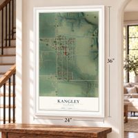 Kangley, Illinois map, 24 x 36 inch print in a white frame by a staircase