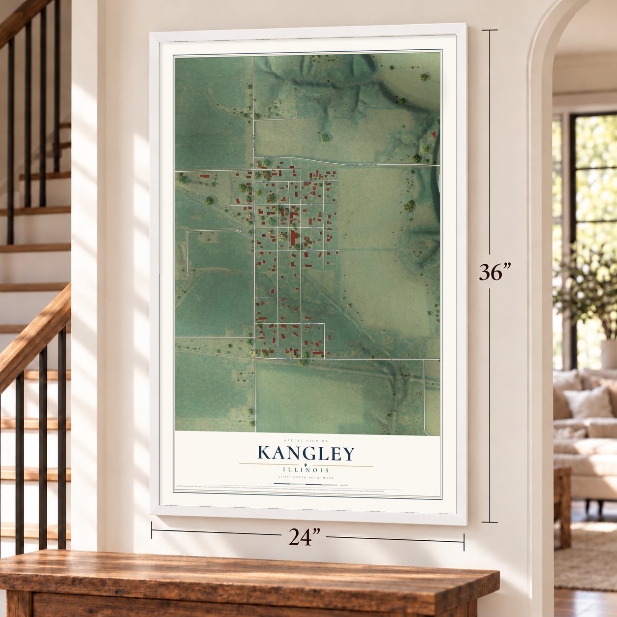 Kangley, Illinois map, 24 x 36 inch print in a white frame by a staircase