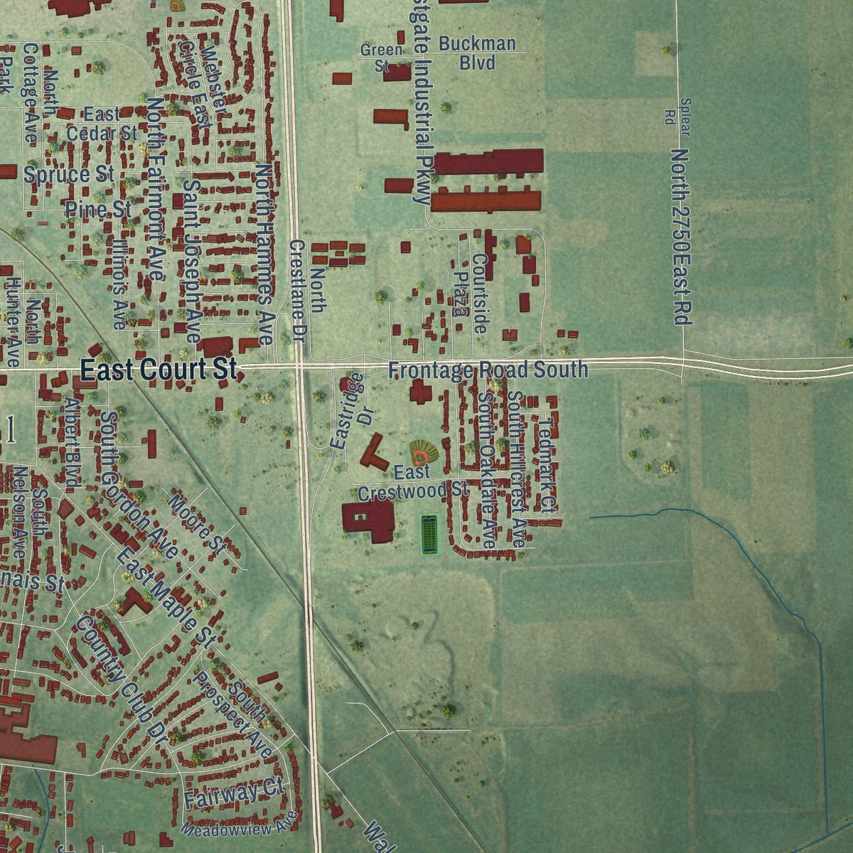 Second close-up of the map of Kankakee, Illinois print showing more streets and buildings
