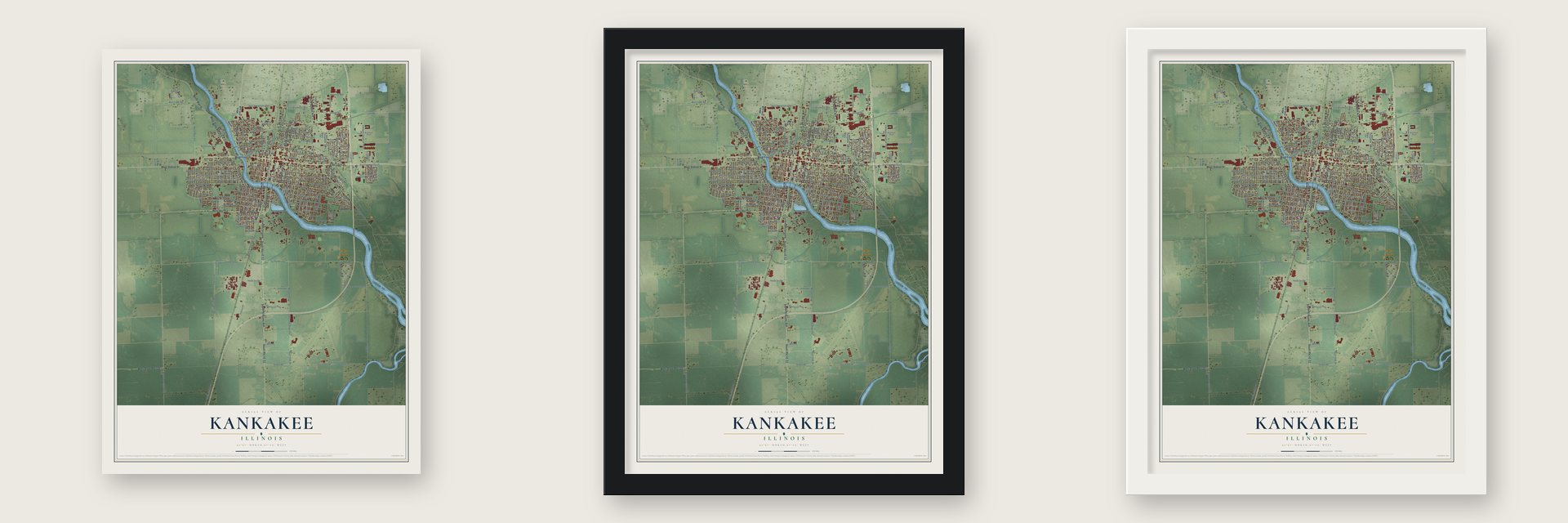 Kankakee, Illinois map unframed, in a black wood frame and in a white wood frame